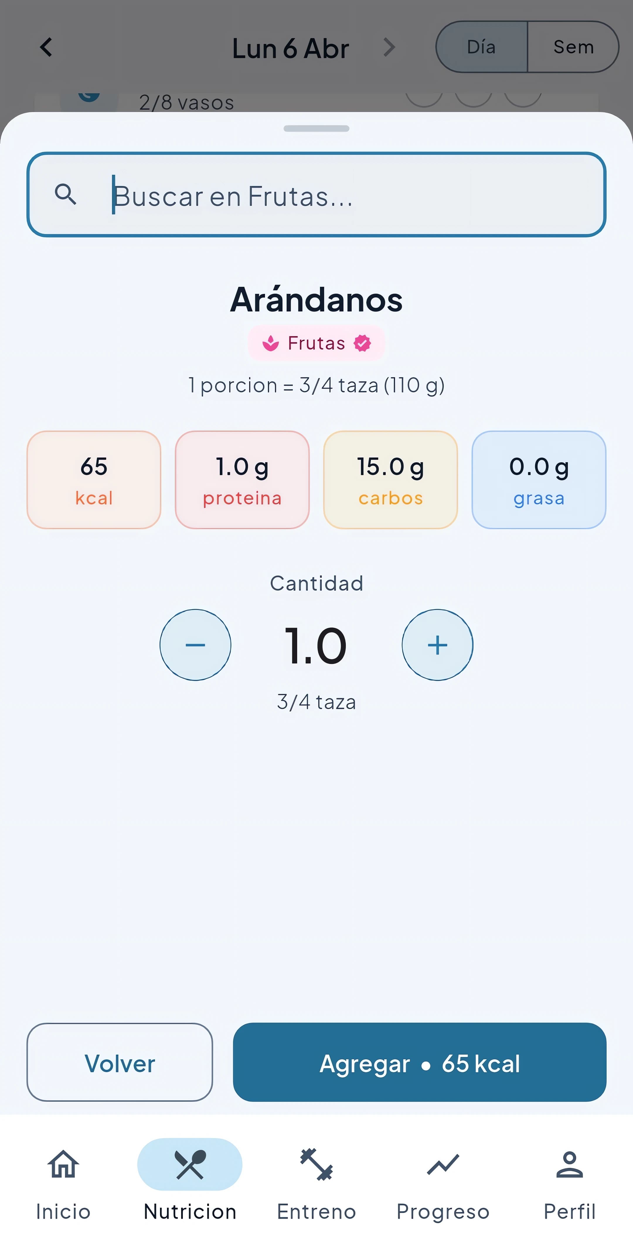 Detalle de alimento con calorías y macros