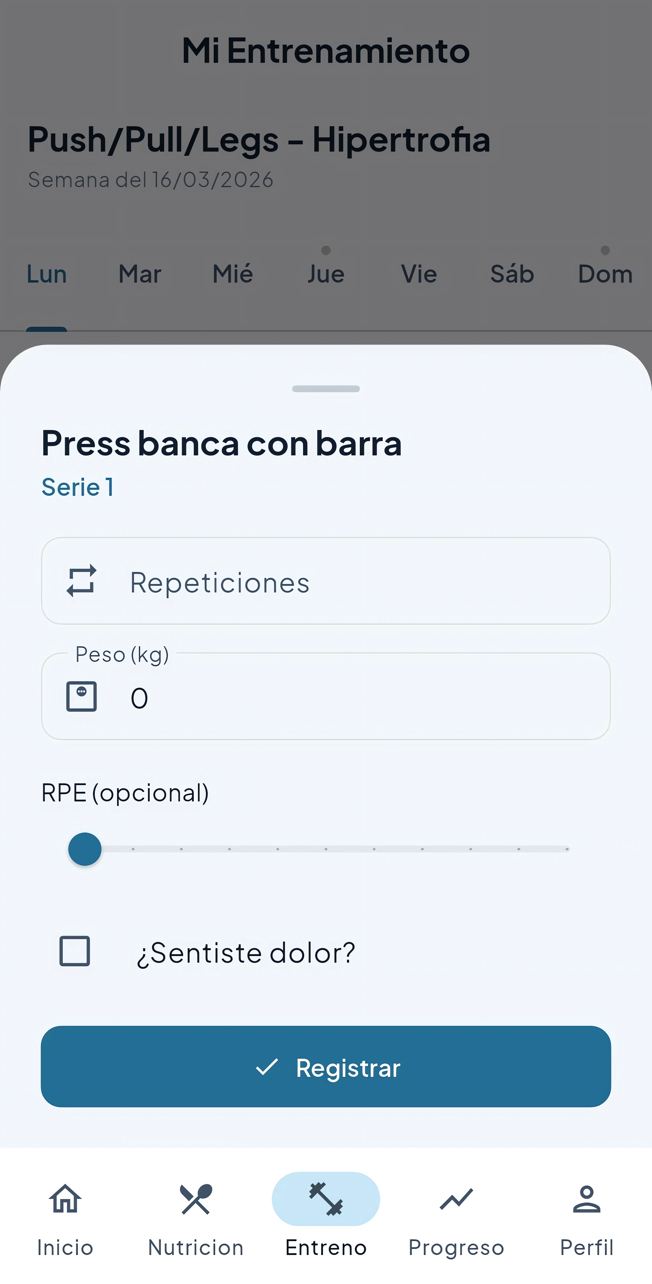 Modal de registro de serie con repeticiones y peso